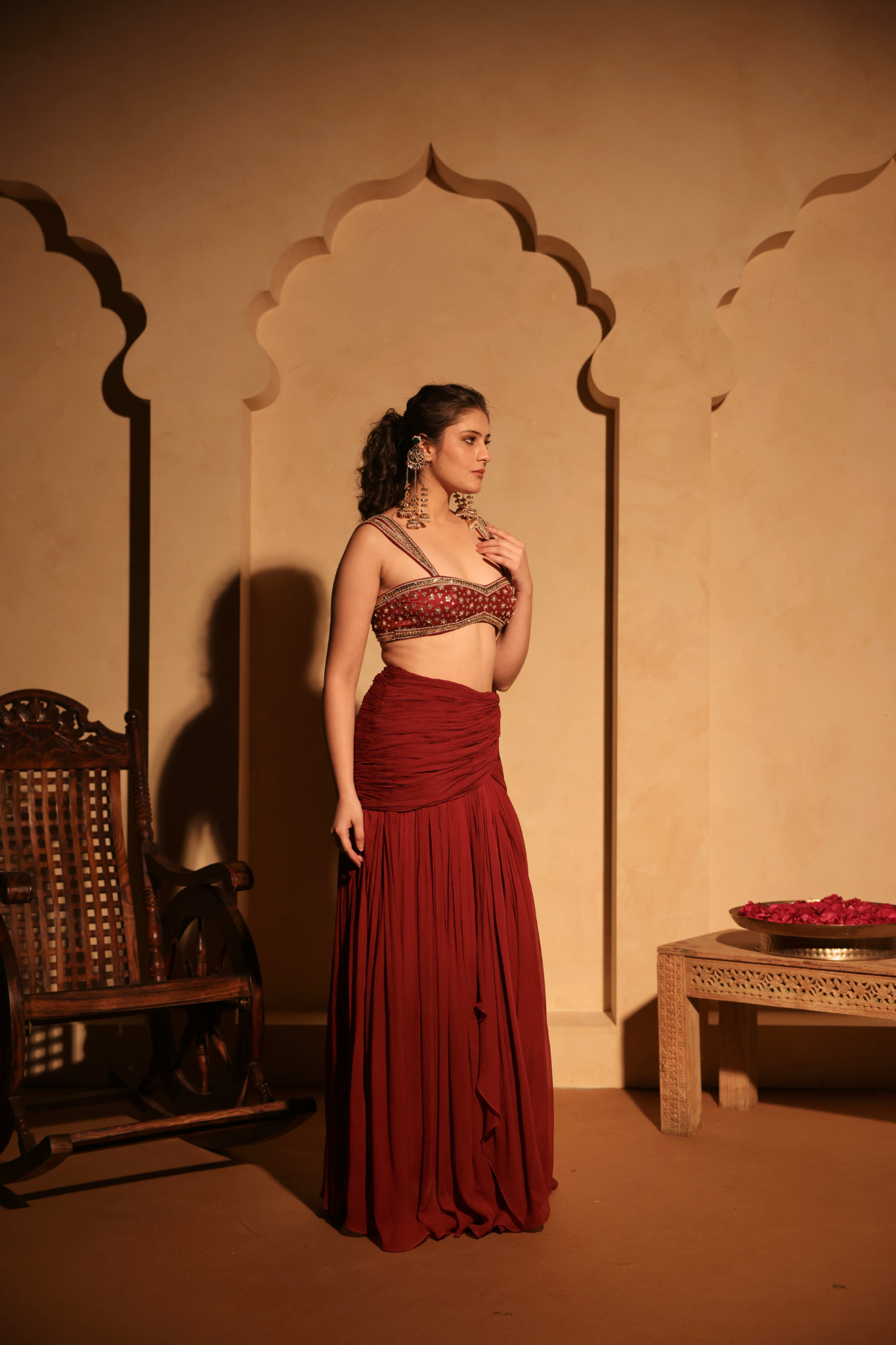 Pre Draped Skirt With Wingstyle Embroidered Blouse