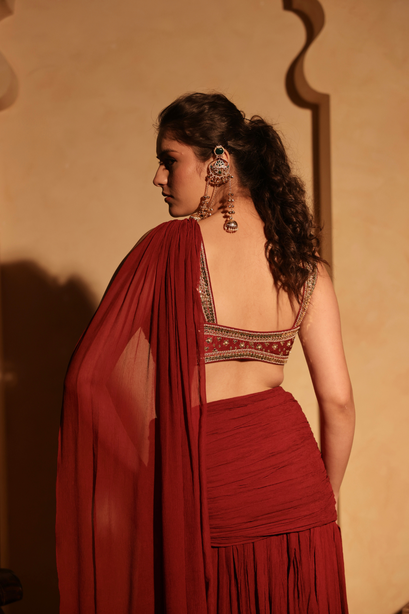 Pre Draped Skirt With Wingstyle Embroidered Blouse