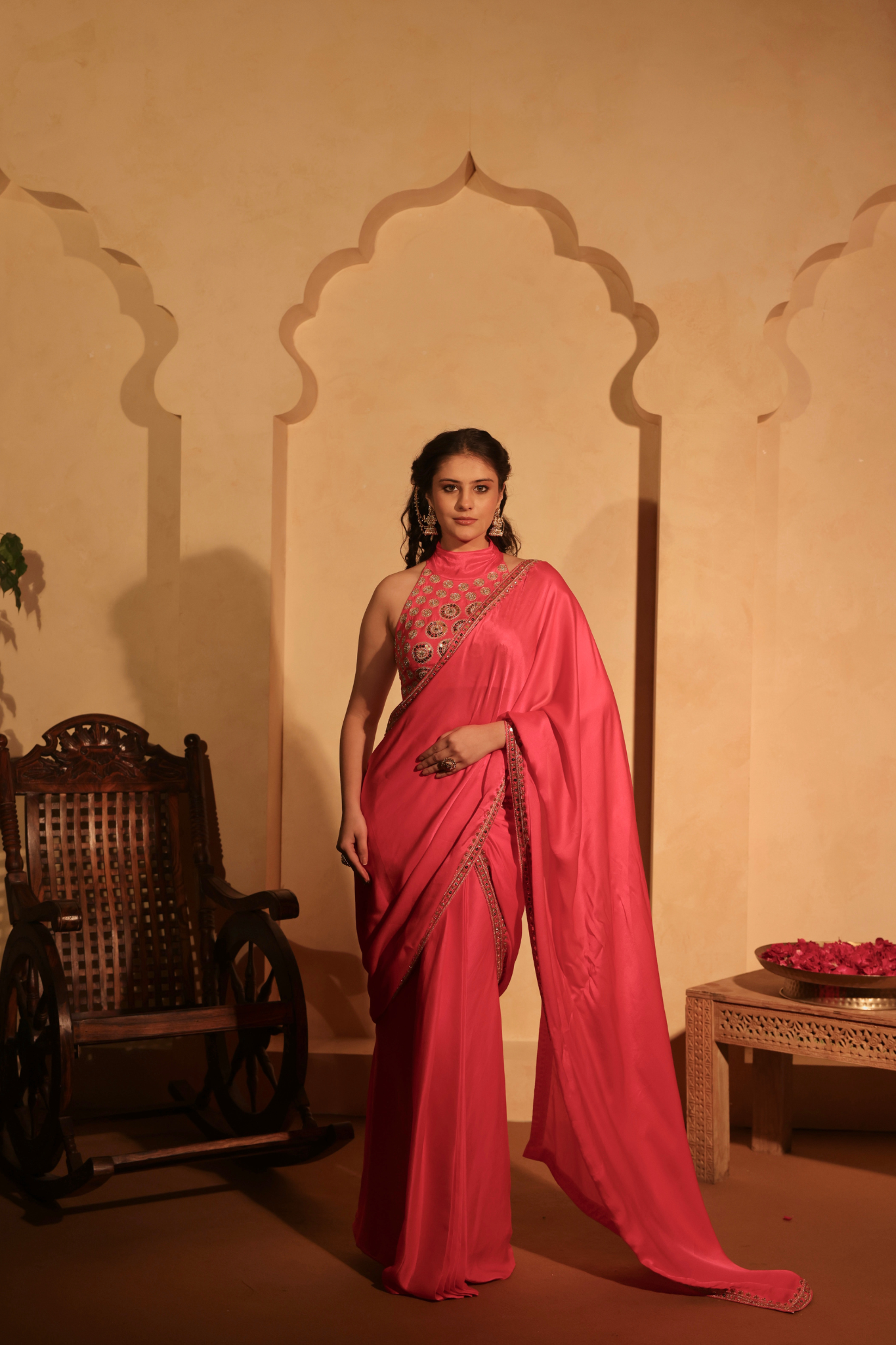 Pre-Draped Hand Embroidered Halter Neck Saree