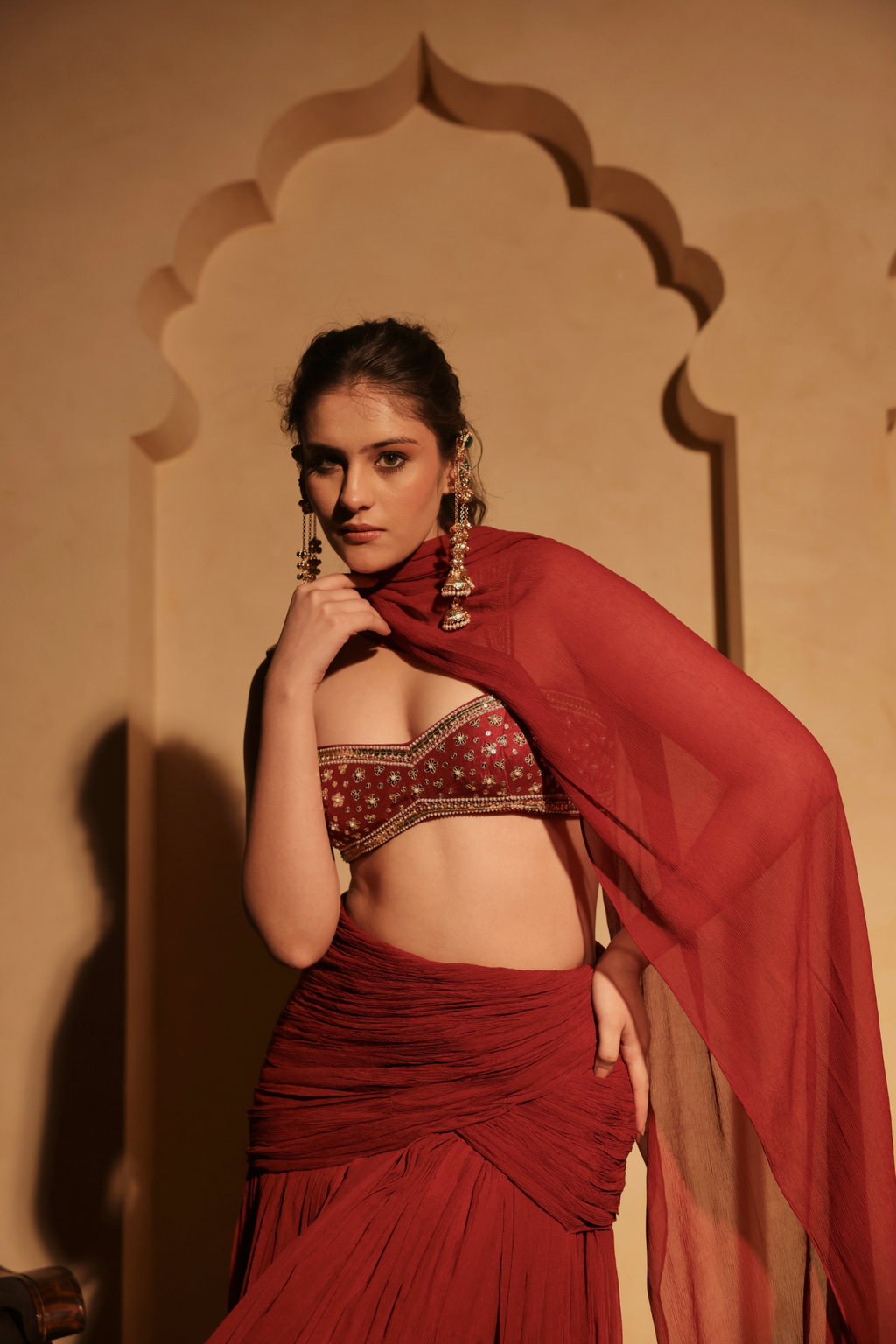 Pre Draped Skirt With Wingstyle Embroidered Blouse