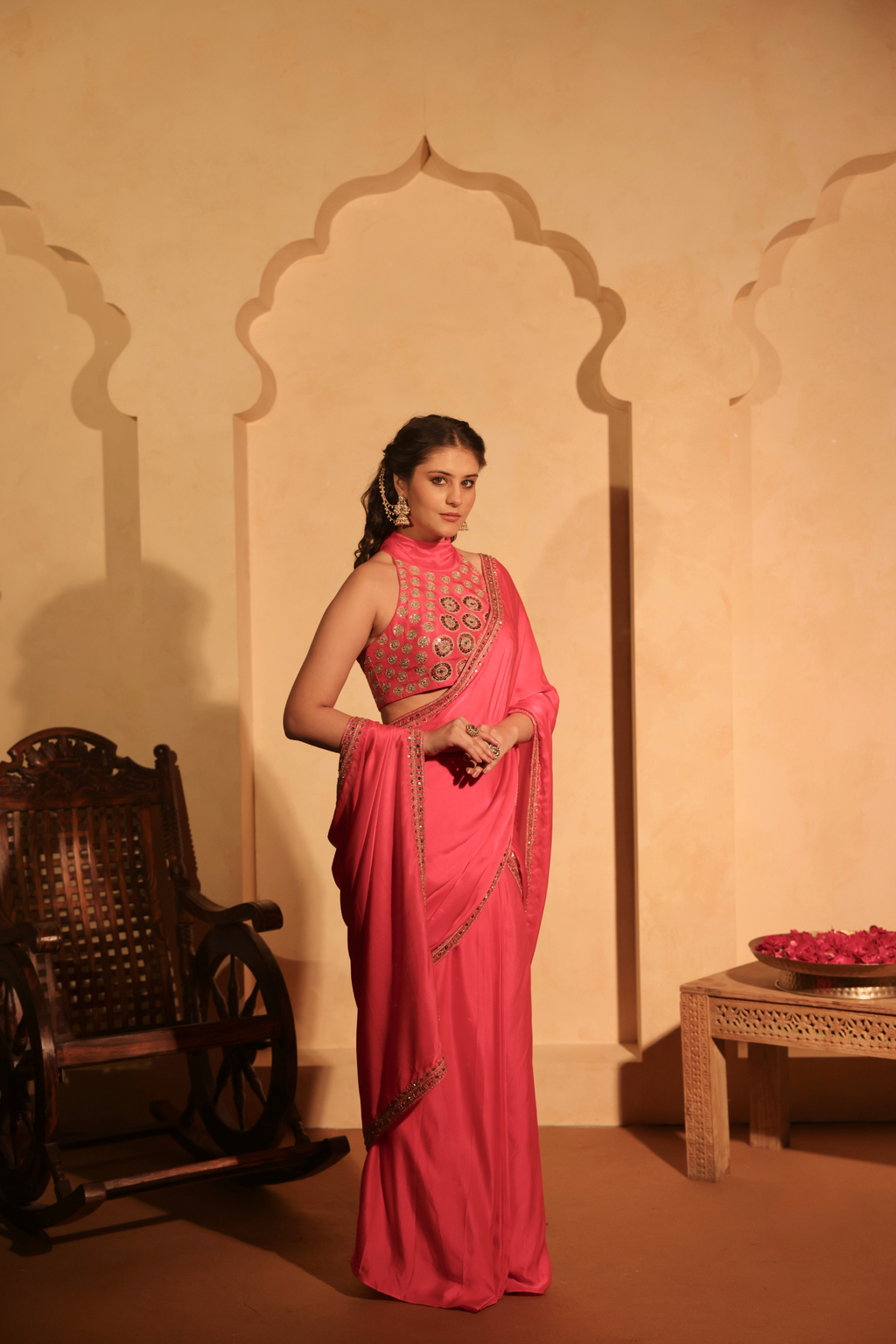 Pre-Draped Hand Embroidered Halter Neck Saree
