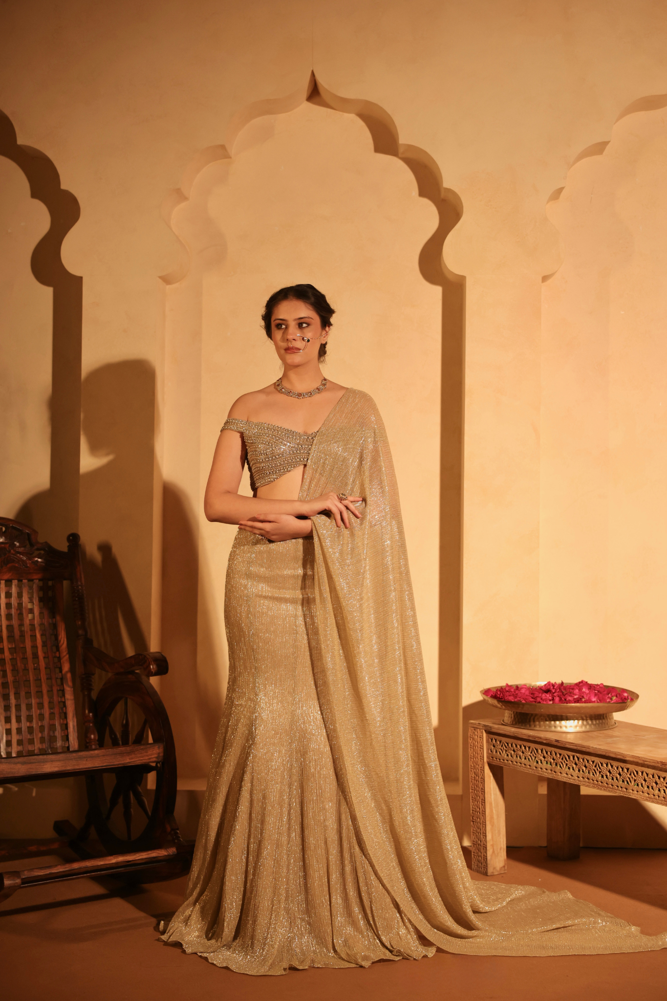 Metallic Gold Pre-Draped FIish Cut Lehenga Set