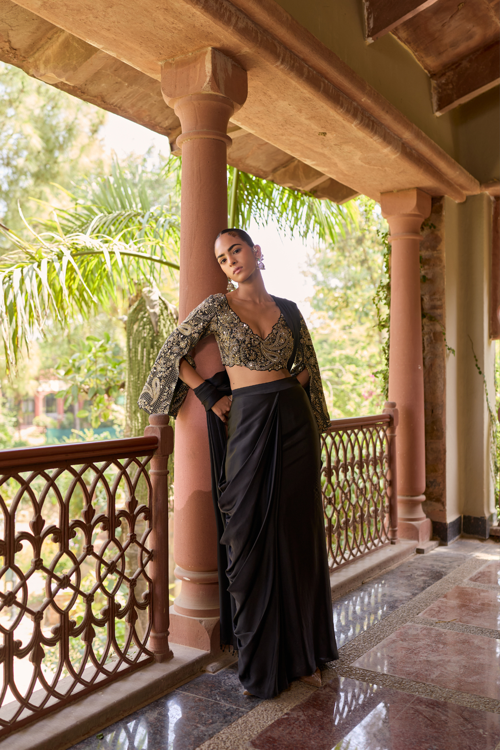 Slit Sleeve Blouse With Drape Skirt Set