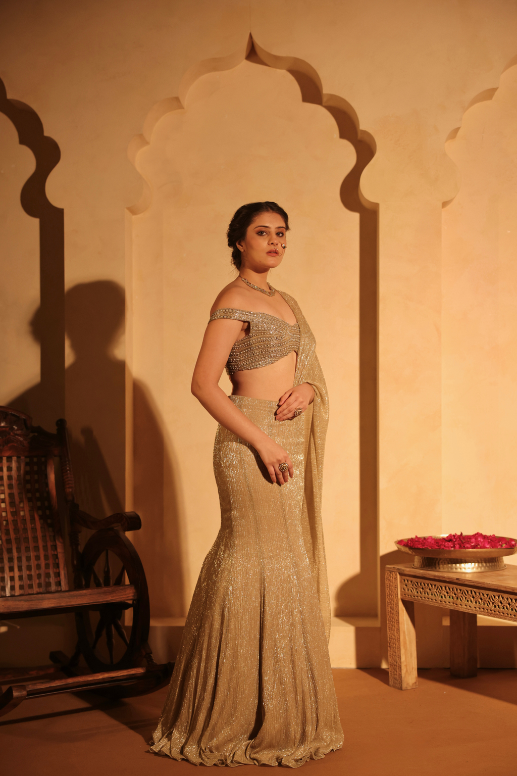Metallic Gold Pre-Draped FIish Cut Lehenga Set