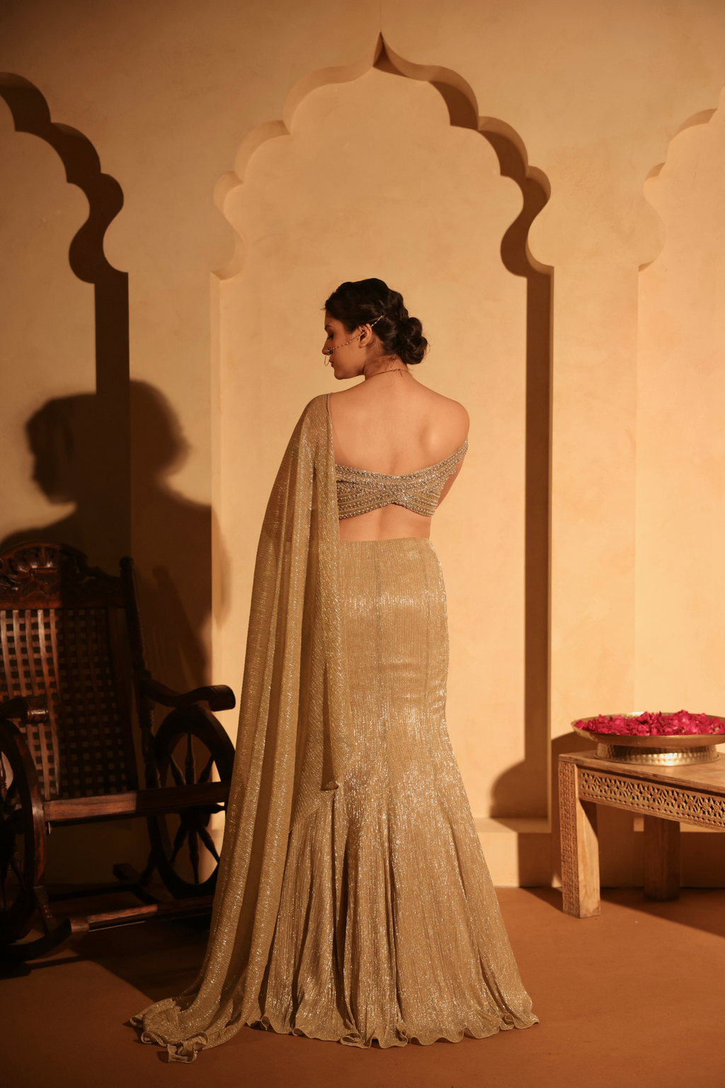 Metallic Gold Pre-Draped FIish Cut Lehenga Set