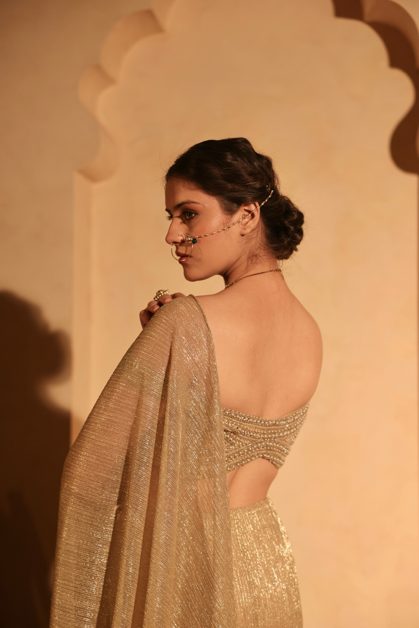 Metallic Gold Pre-Draped FIish Cut Lehenga Set