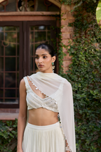 Hand Embroidered Blouse With Tiered Skirt And Embellished Dupatta Set