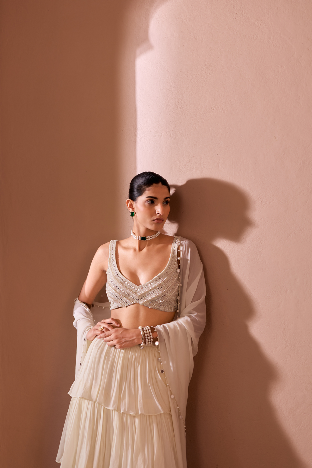 Hand Embroidered Blouse With Tiered Skirt And Embellished Dupatta Set