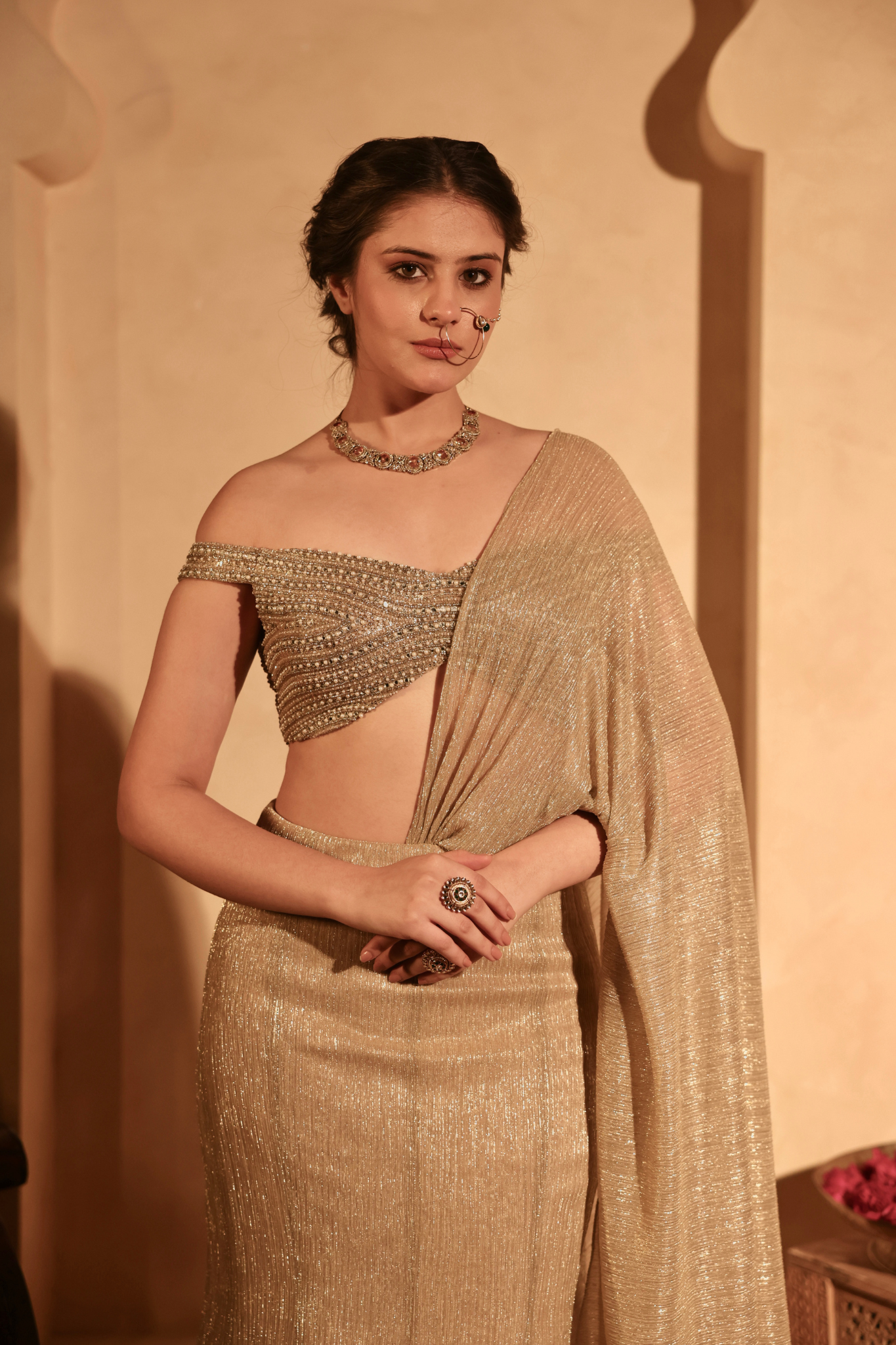 Metallic Gold Pre-Draped FIish Cut Lehenga Set