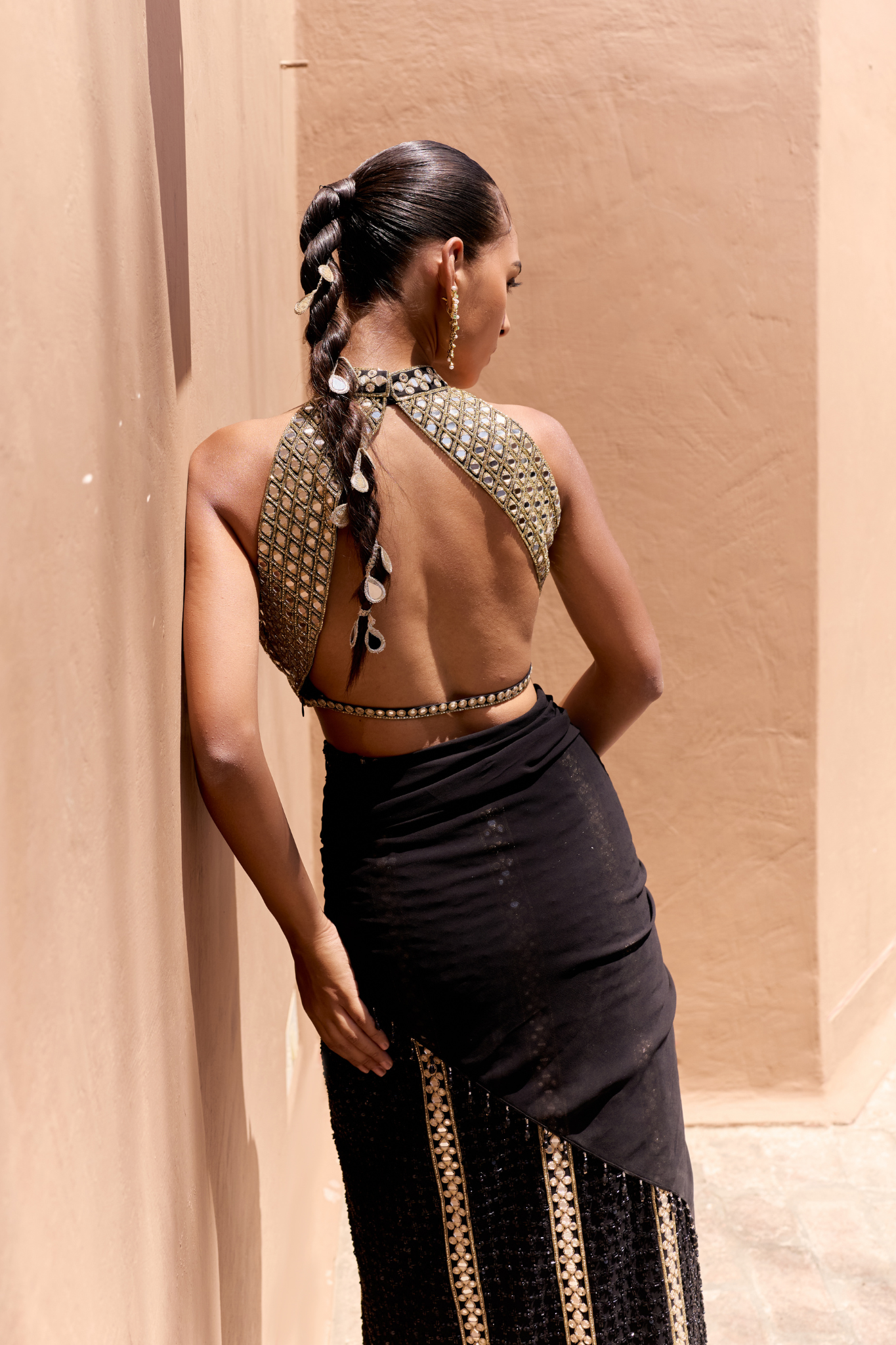 Halter Neck Blouse With Front Slit Skirt Set