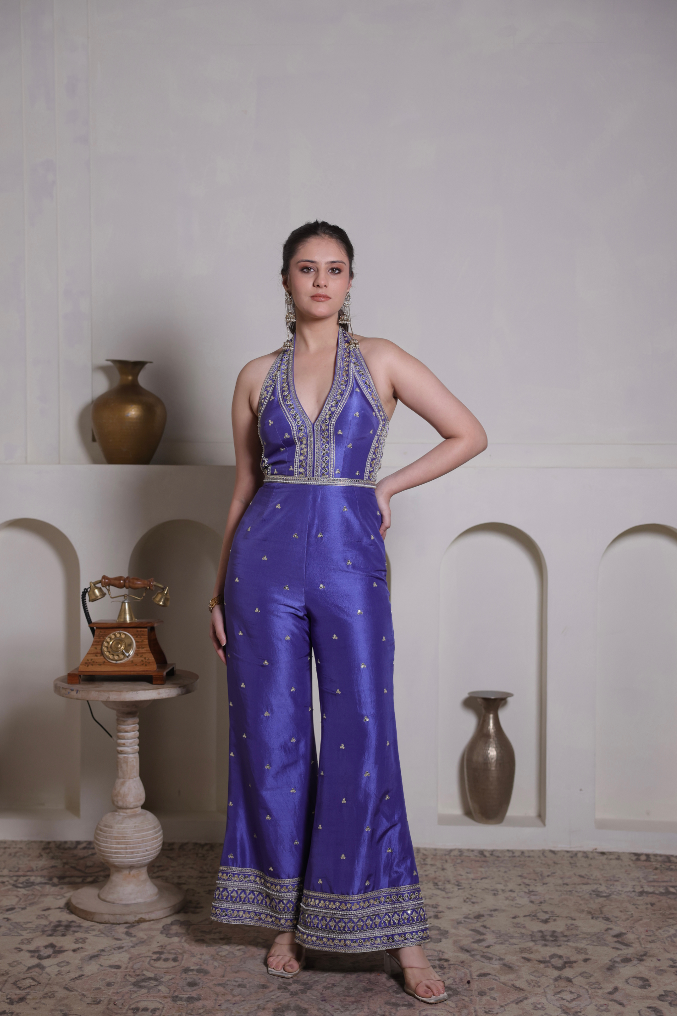 Silk V-Neck Embroidered Jumspsuit With Belt