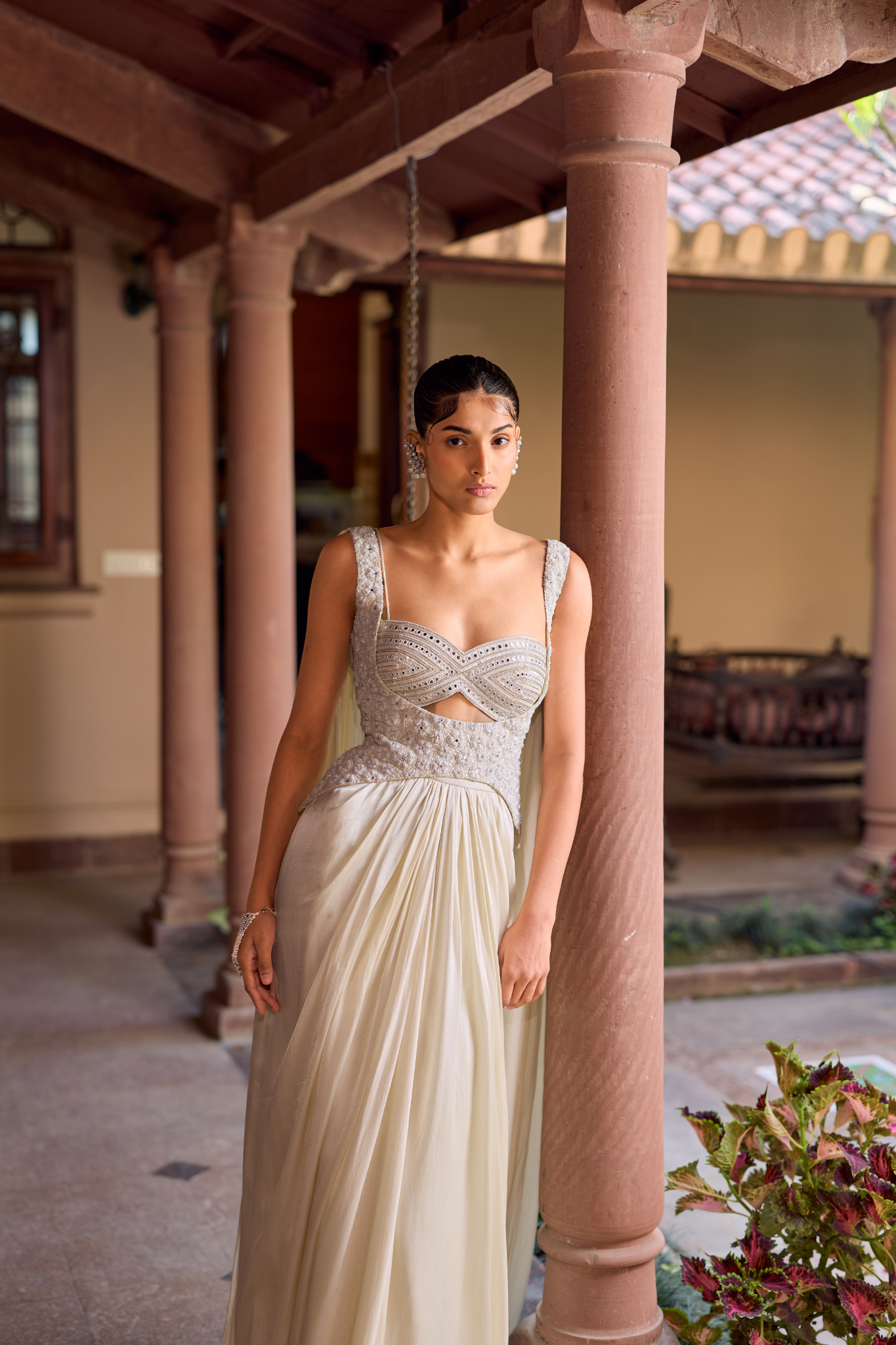 Hand Embroidered Blouse With Drape Skirt And Statement Wingstyle Corset