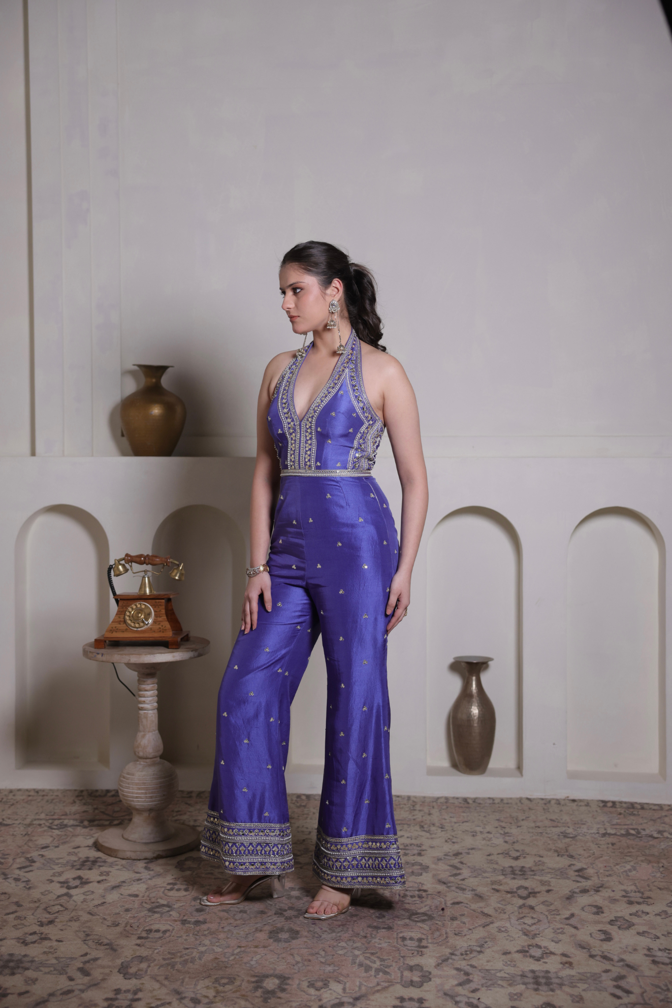 Silk V-Neck Embroidered Jumspsuit With Belt