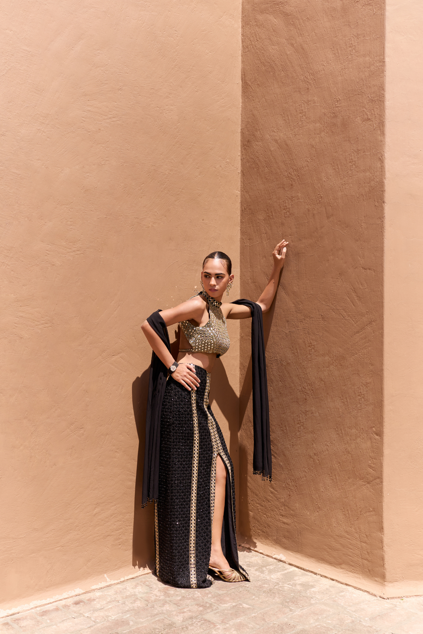 Halter Neck Blouse With Front Slit Skirt Set