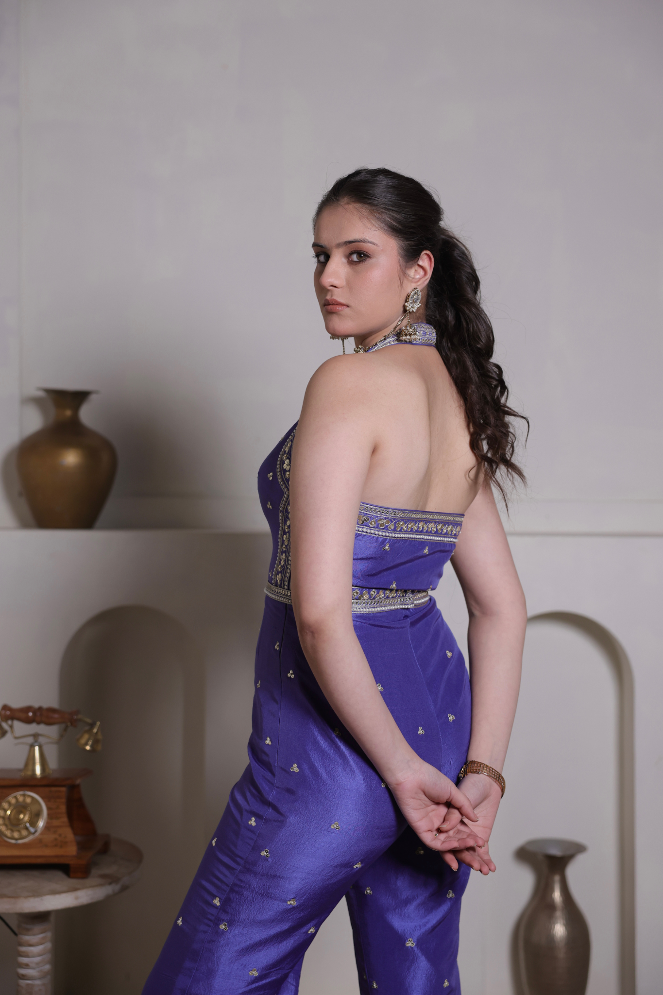 Silk V-Neck Embroidered Jumspsuit With Belt