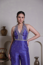 Silk V-Neck Embroidered Jumspsuit With Belt