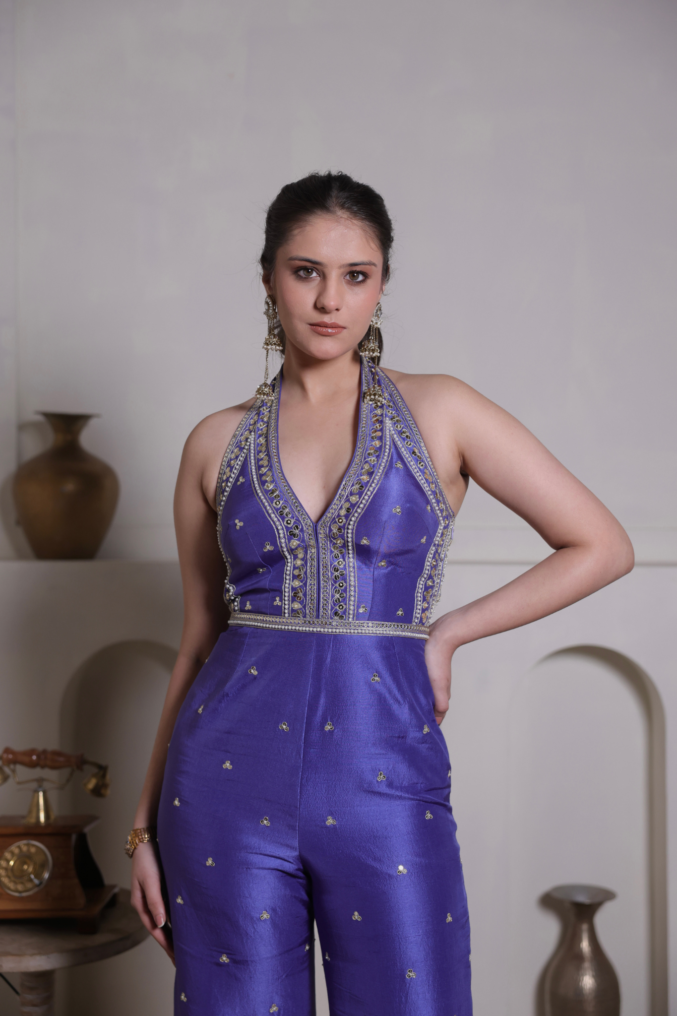 Silk V-Neck Embroidered Jumspsuit With Belt