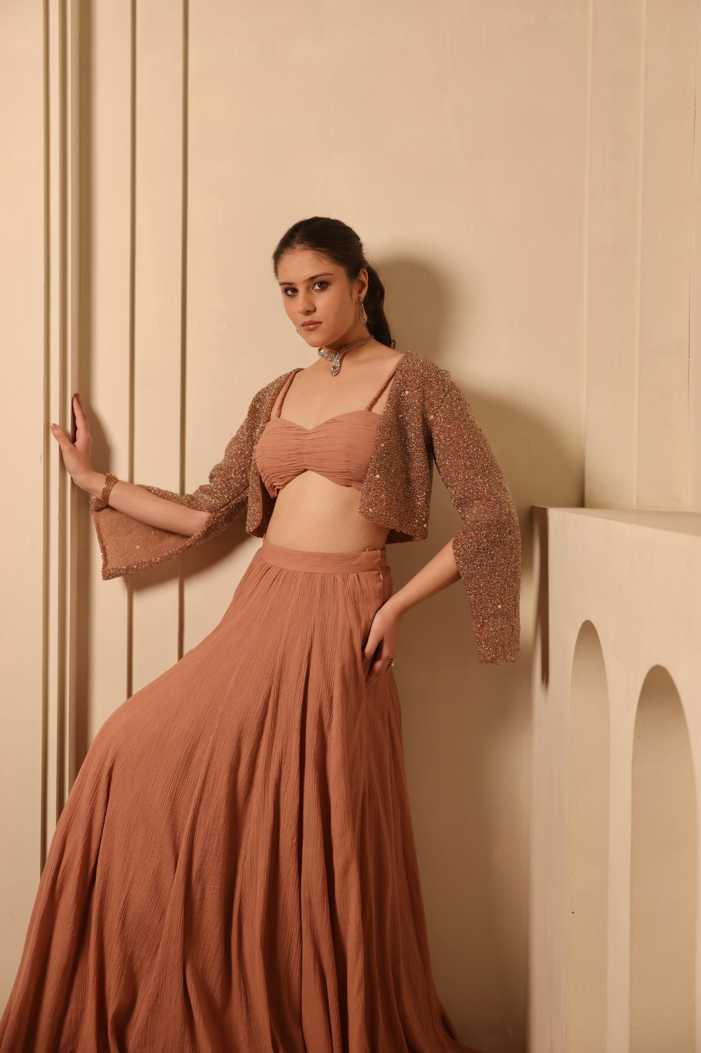 Fully Hand Embroidered Beaded Cape Skirt Set