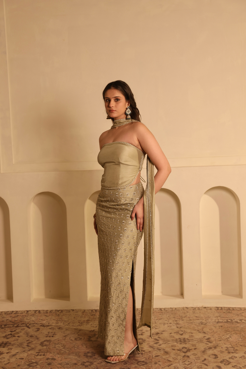 Hand Embroidered Zardozi Silk Skirt Set