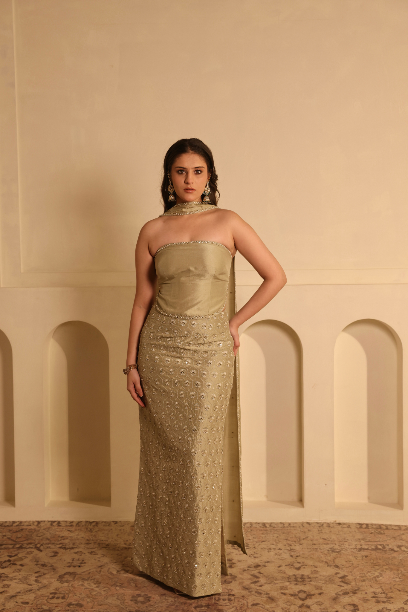 Hand Embroidered Zardozi Silk Skirt Set