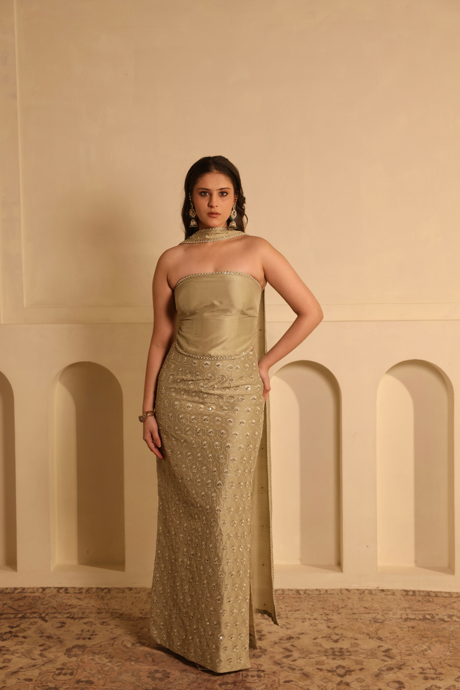 Hand Embroidered Zardozi Silk Skirt Set