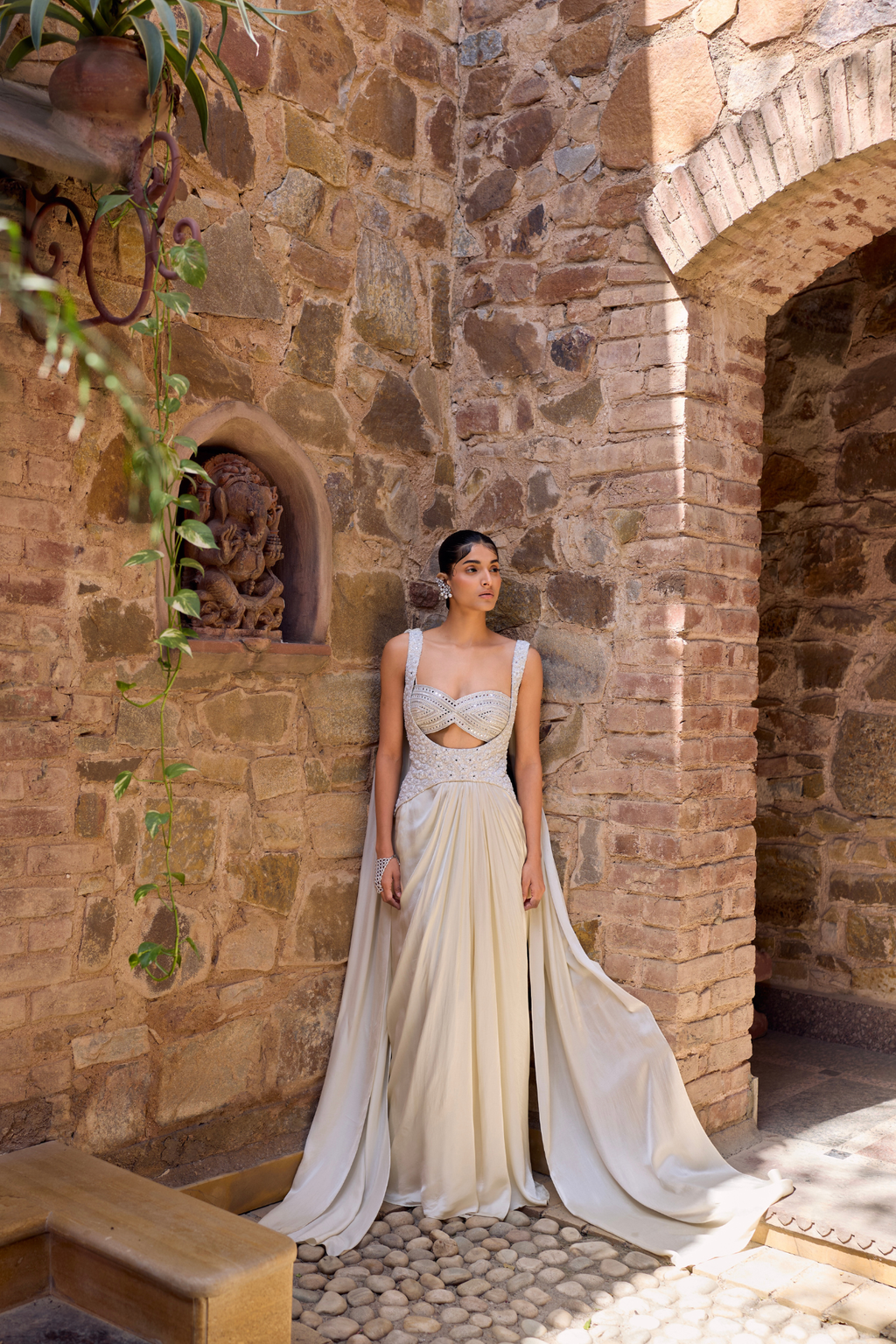 Hand Embroidered Blouse With Drape Skirt And Statement Wingstyle Corset