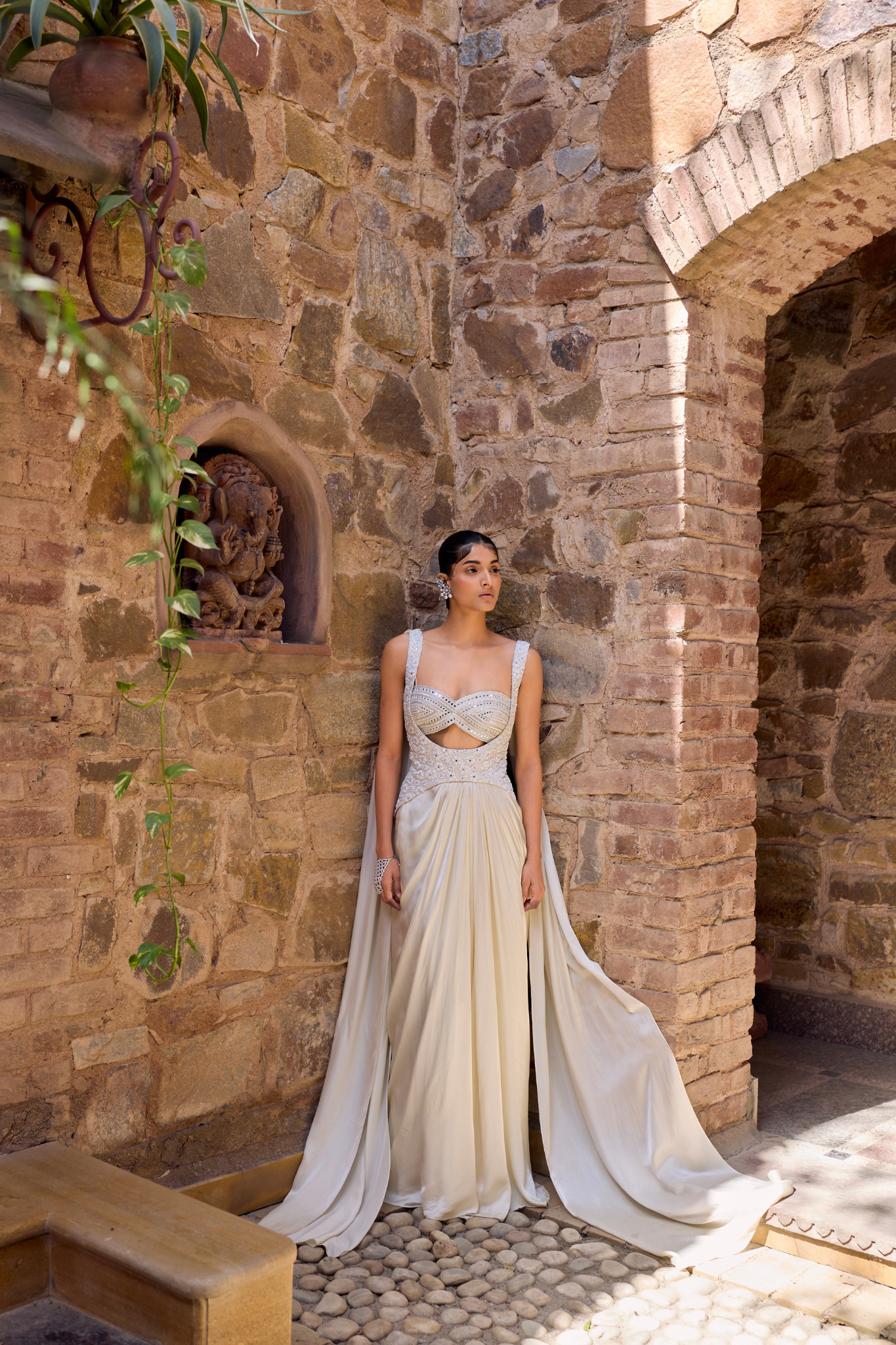 Hand Embroidered Blouse With Drape Skirt And Statement Wingstyle Corset