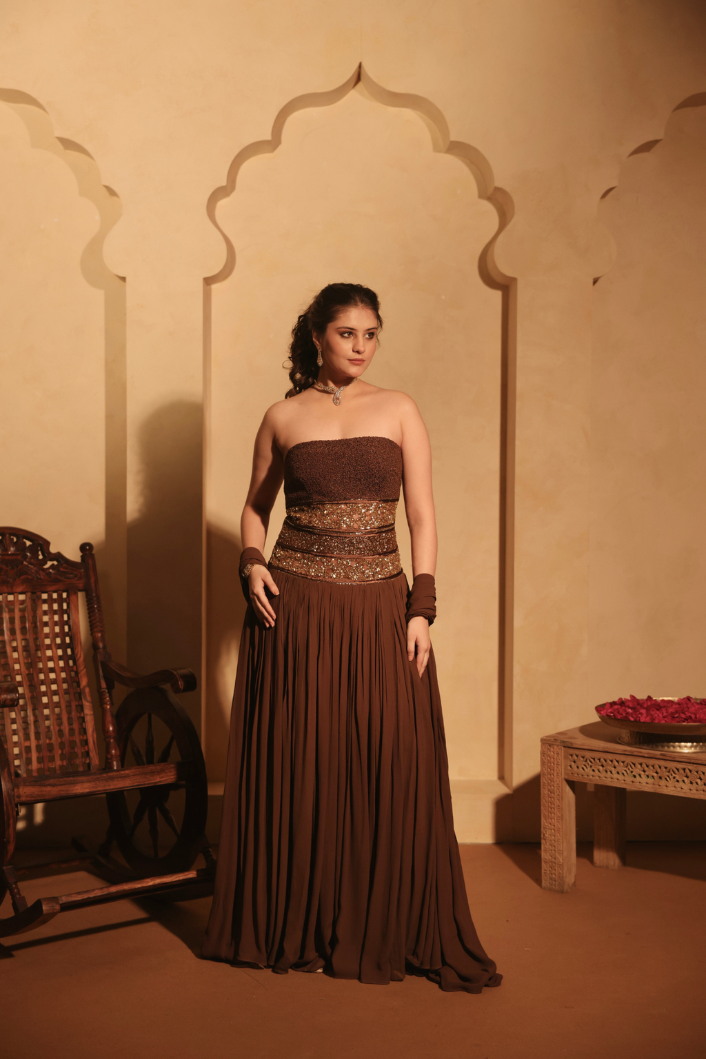 Hand Embroidered Drop Down Waist Gown With Dupatta