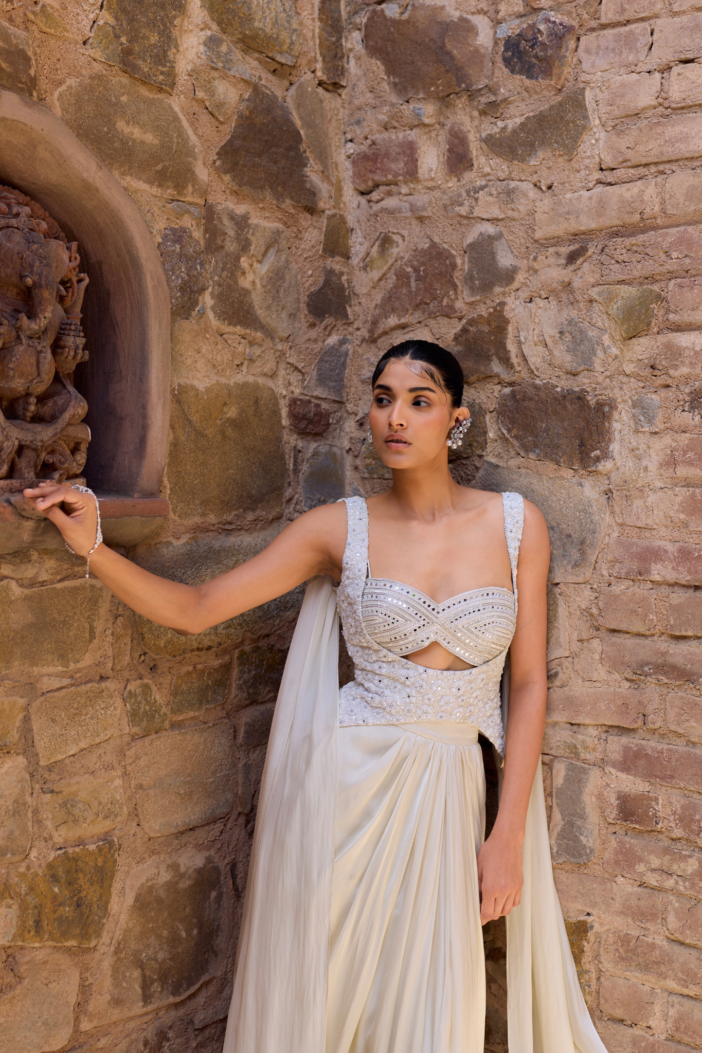 Hand Embroidered Blouse With Drape Skirt And Statement Wingstyle Corset