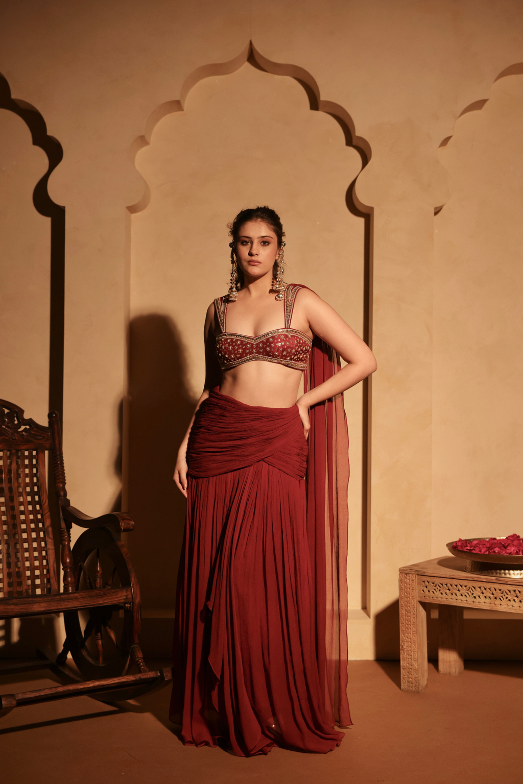 Pre Draped Skirt With Wingstyle Embroidered Blouse