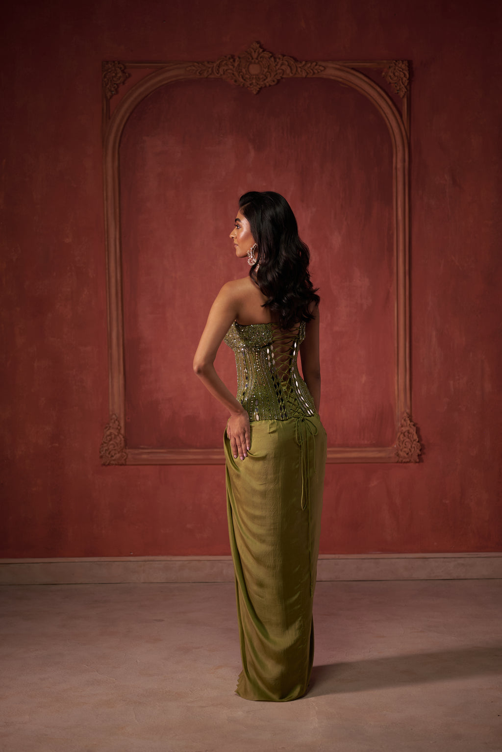 GREEN CORSET WITH DRAPE SKIRT SET