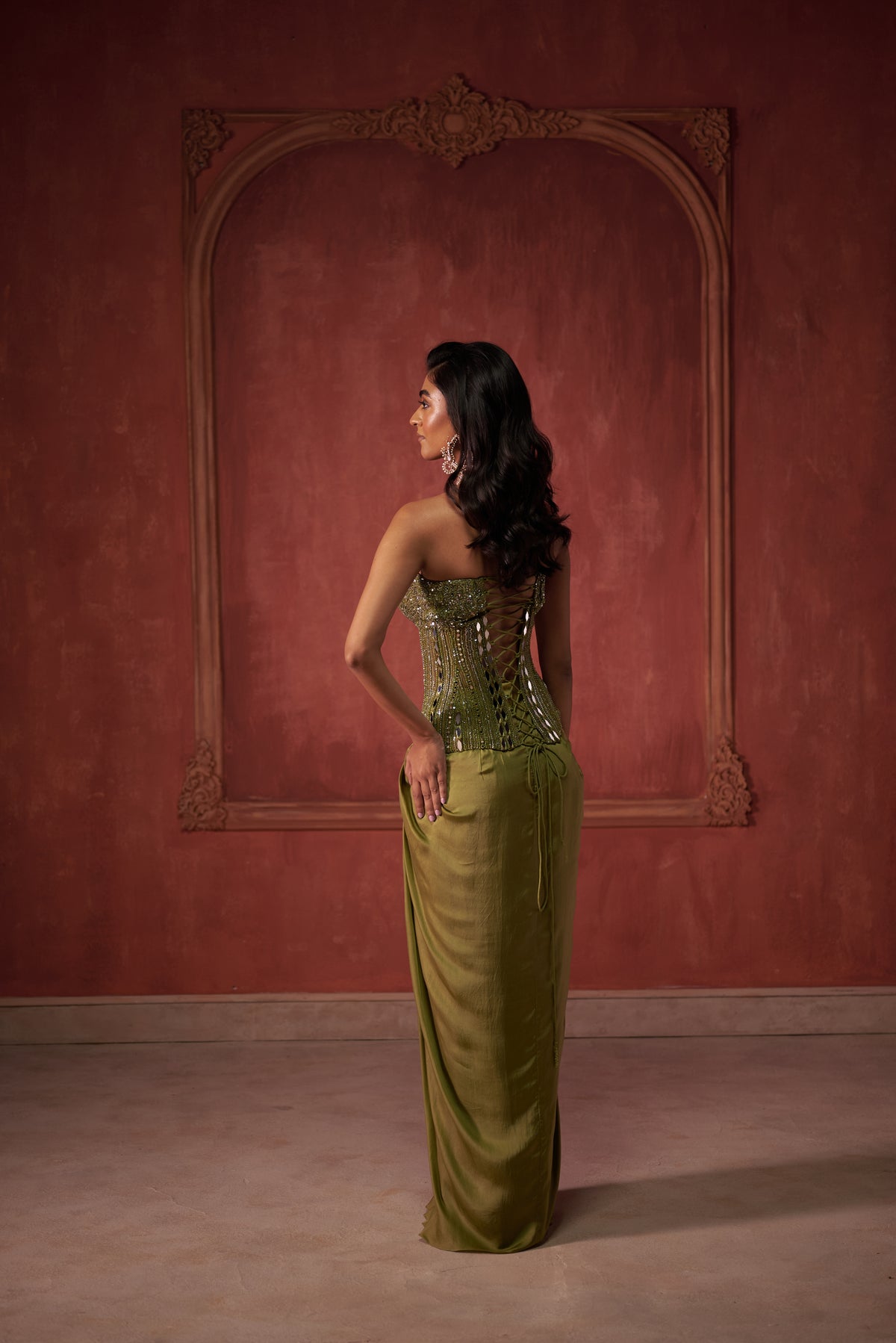 GREEN CORSET WITH DRAPE SKIRT SET