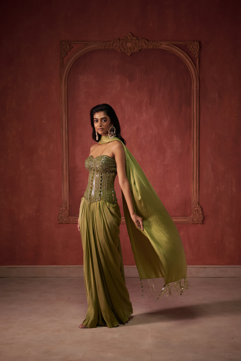 GREEN CORSET WITH DRAPE SKIRT SET