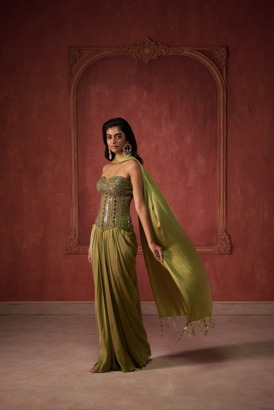 GREEN CORSET WITH DRAPE SKIRT SET