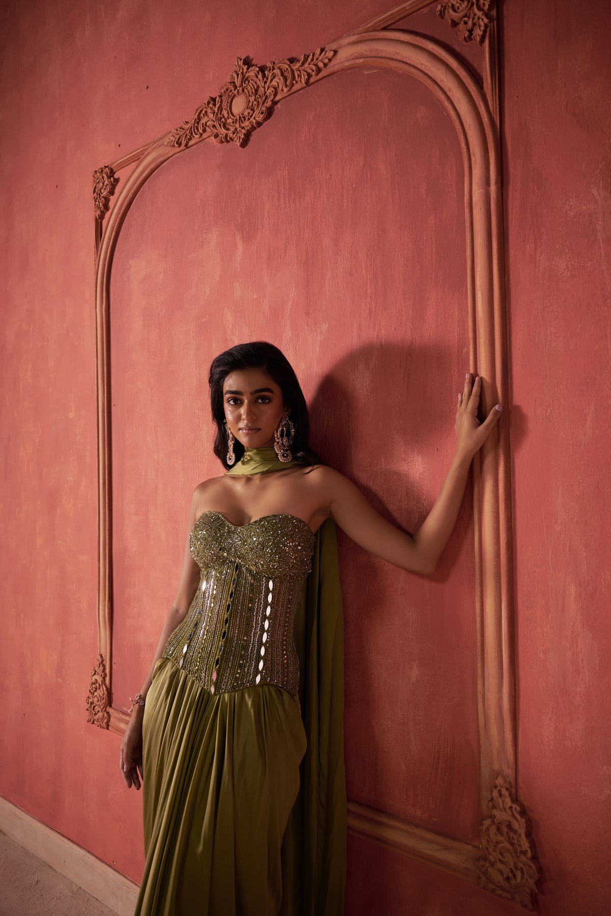 GREEN CORSET WITH DRAPE SKIRT SET