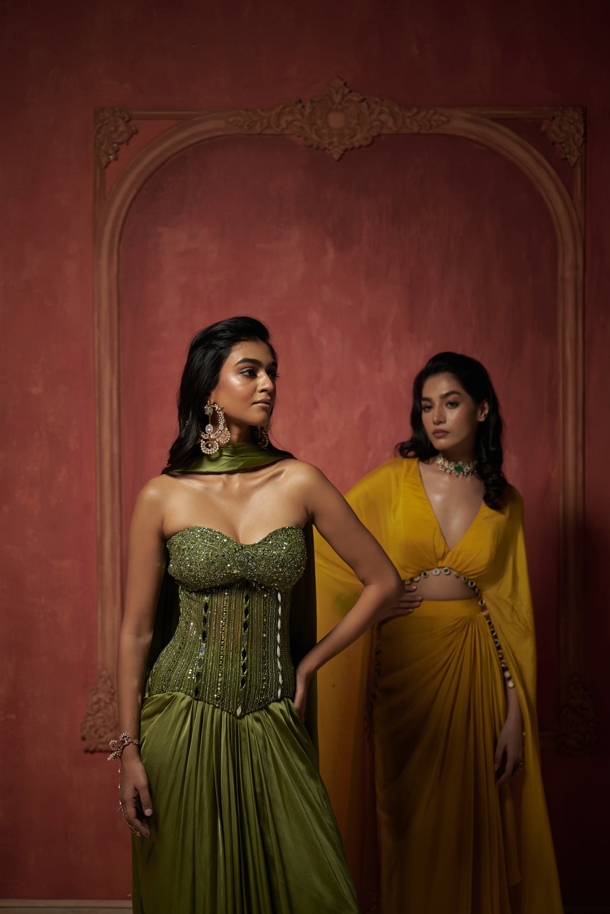 GREEN CORSET WITH DRAPE SKIRT SET