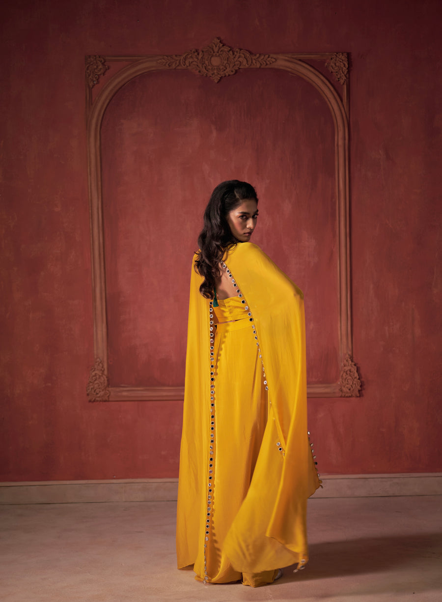 YELLOW DRAPE CAPE & SKIRT SET