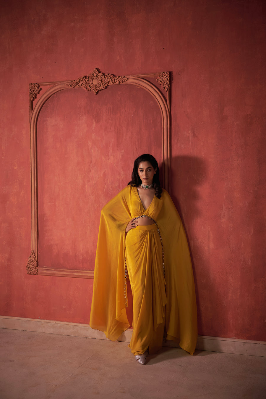 YELLOW DRAPE CAPE & SKIRT SET