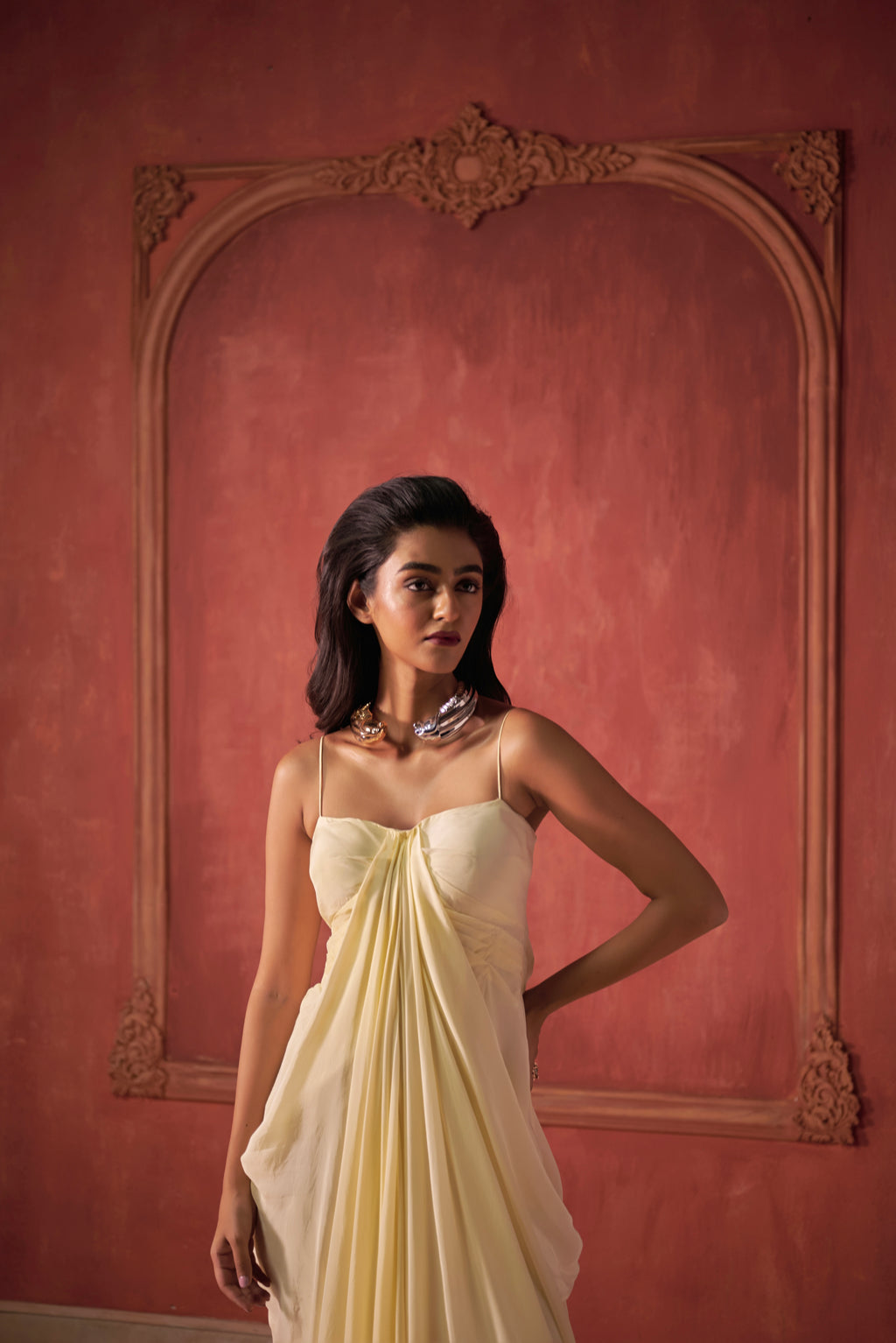 PASTEL YELLOW DRAPED DRESS WITH CAPE