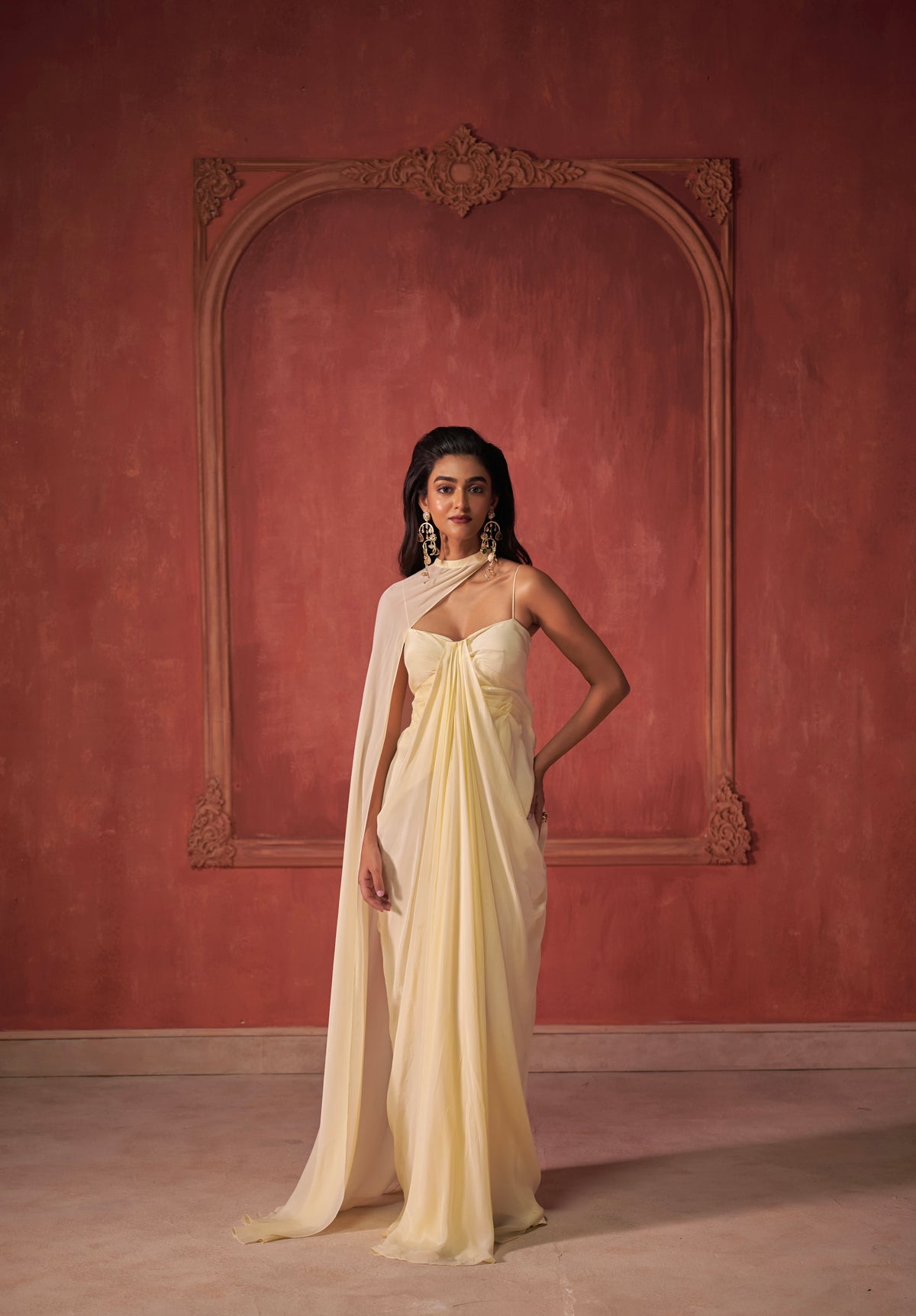 PASTEL YELLOW DRAPED DRESS WITH CAPE