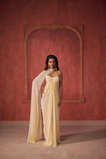 PASTEL YELLOW DRAPED DRESS WITH CAPE