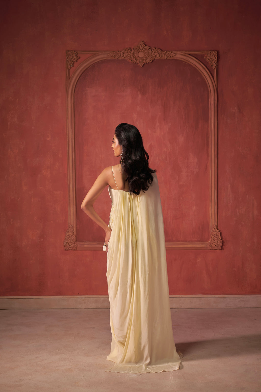 PASTEL YELLOW DRAPED DRESS WITH CAPE