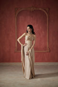 CHAMPAGNE SARI STYLE PLEATED SKIRT WITH SCULPTED CORSET & PLEATED BLOUSE SET