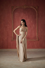 CHAMPAGNE SARI STYLE PLEATED SKIRT WITH SCULPTED CORSET & PLEATED BLOUSE SET