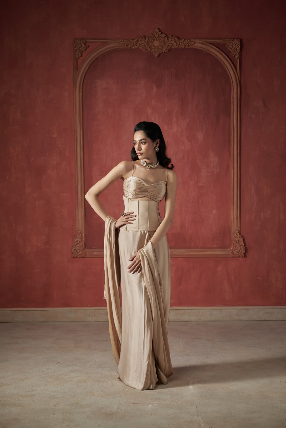 CHAMPAGNE SARI STYLE PLEATED SKIRT WITH SCULPTED CORSET & PLEATED BLOUSE SET