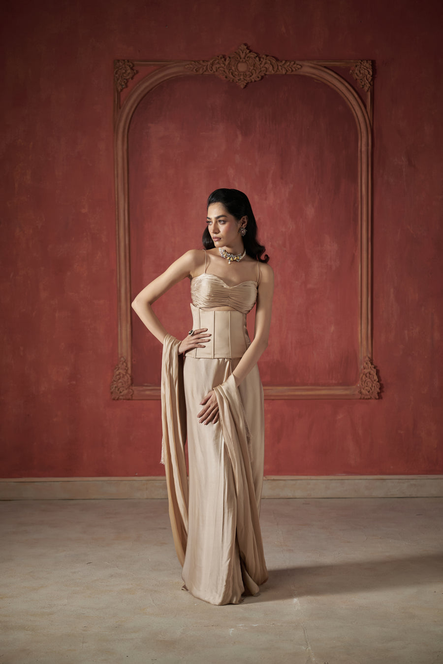 CHAMPAGNE SARI STYLE PLEATED SKIRT WITH SCULPTED CORSET & PLEATED BLOUSE SET