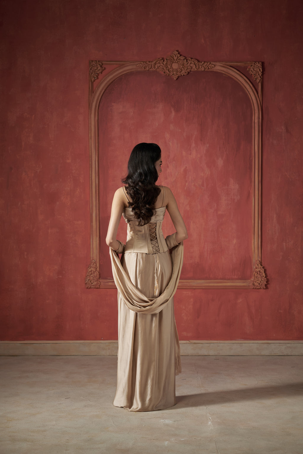 CHAMPAGNE SARI STYLE PLEATED SKIRT WITH SCULPTED CORSET & PLEATED BLOUSE SET