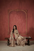 CHAMPAGNE SARI STYLE PLEATED SKIRT WITH SCULPTED CORSET & PLEATED BLOUSE SET