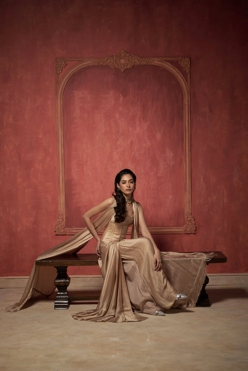 CHAMPAGNE SARI STYLE PLEATED SKIRT WITH SCULPTED CORSET & PLEATED BLOUSE SET