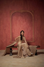 CHAMPAGNE SARI STYLE PLEATED SKIRT WITH SCULPTED CORSET & PLEATED BLOUSE SET